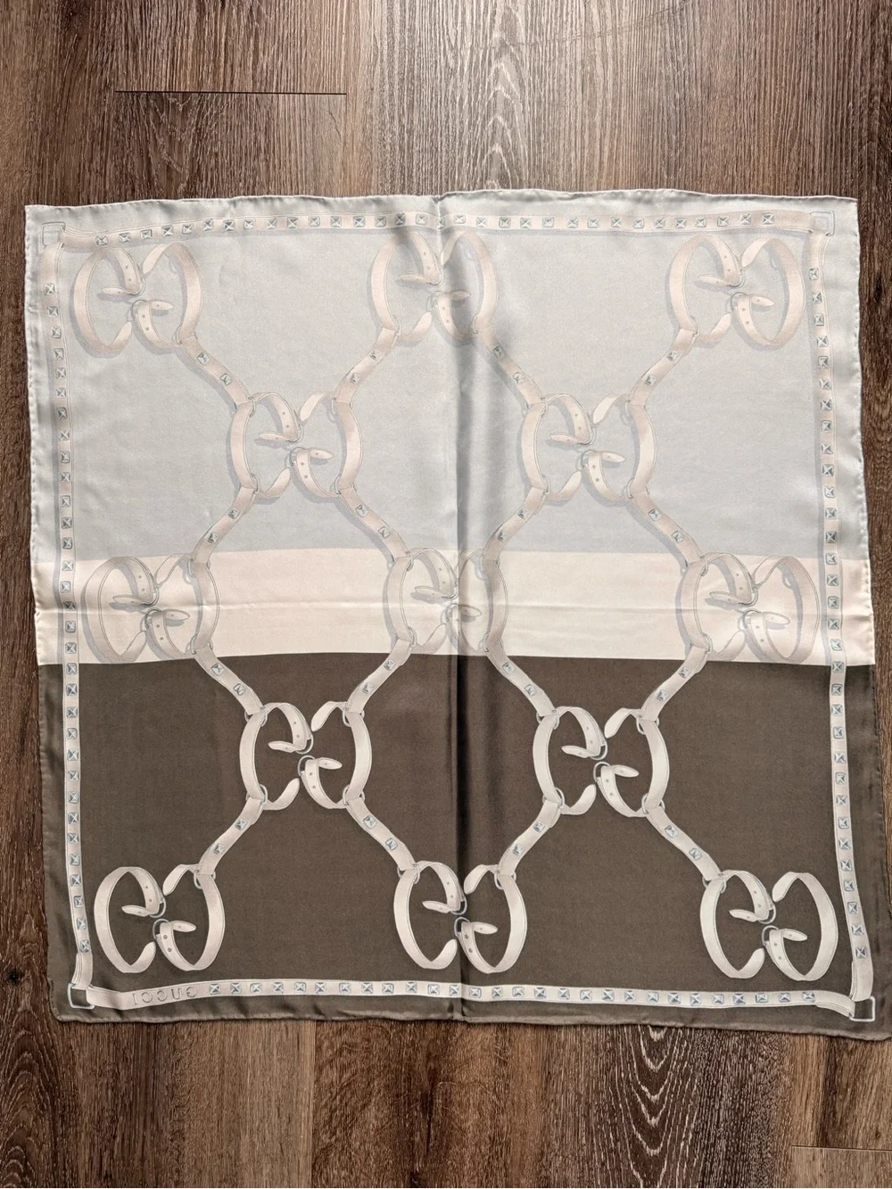 Display # 4 Gucci Silk Scarf in Cream, Tan & Brown with Interlocking G Chain